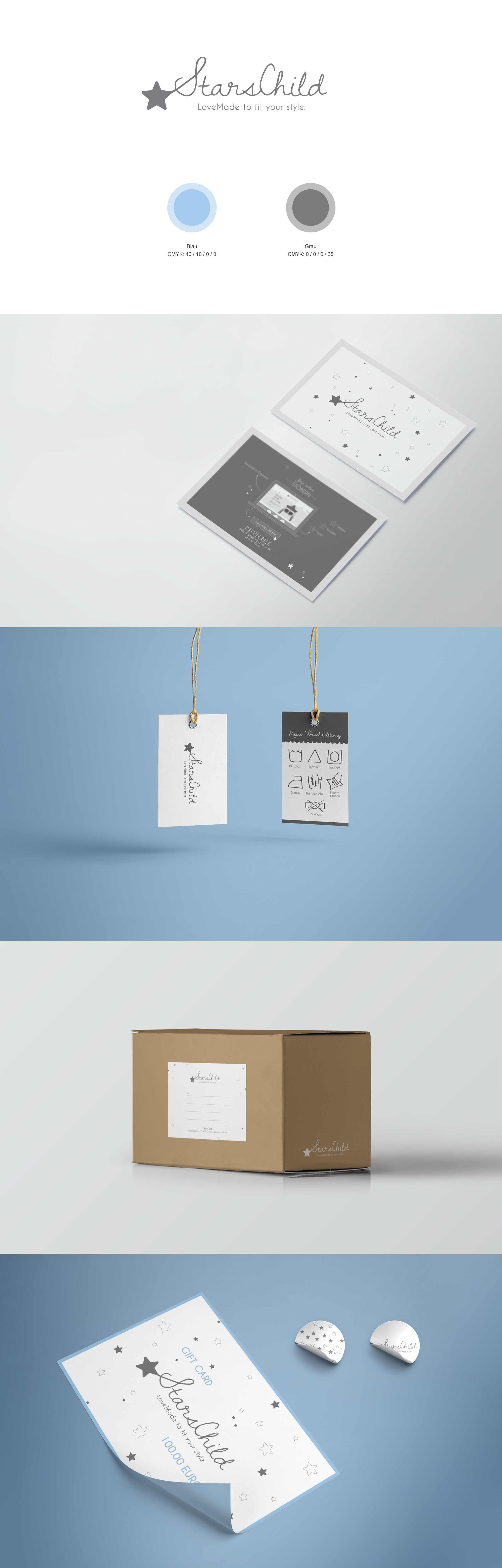 Stars Child Corporate Design, Editorial Design, Flyer, Waschanleitung, Adresskleber, Gutschein, Sticker