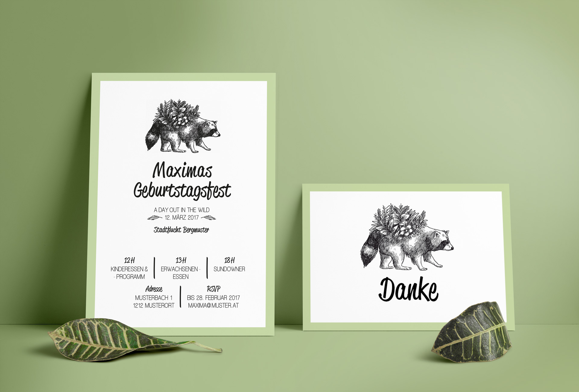 Einladung und Dankeskarte Geburtstagsfeier, Motto: Into the wild